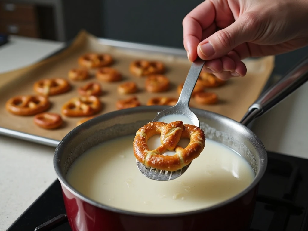 Pretzel dough pieces in a baking-soda bath before baking