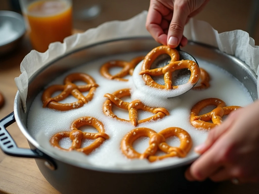 Shaped pretzel bites cooking in a baking-soda bath