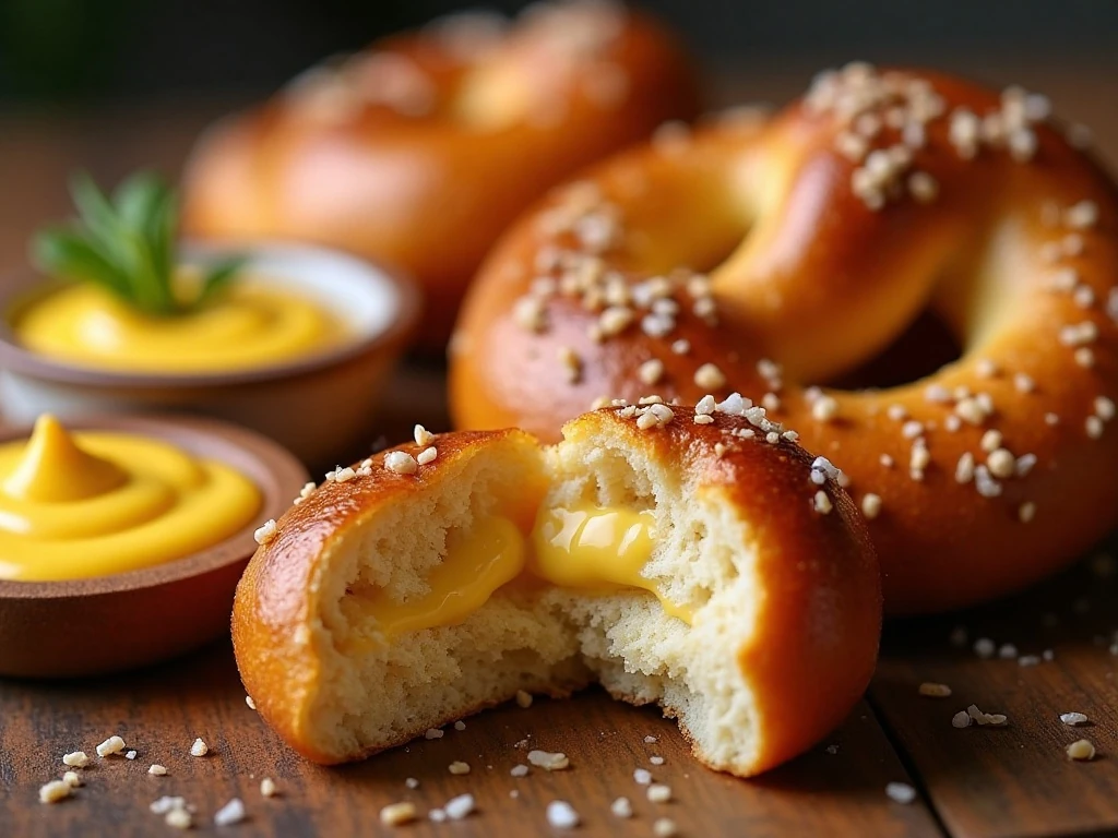 Salted pretzel bites with mustard and beer cheese dip
