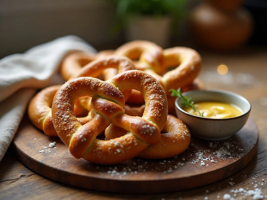 Fresh homemade soft pretzels served with mustard