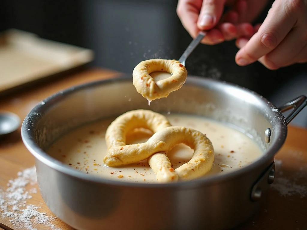 Pretzel dough in a baking-soda bath before baking