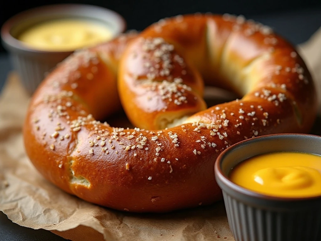 Soft pretzel with coarse salt, mustard, and cheese dip