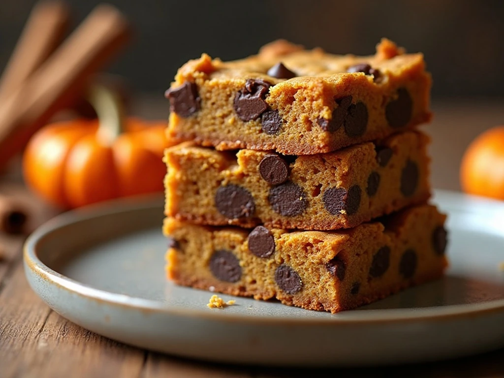 Stack of soft pumpkin blondies with chocolate chips