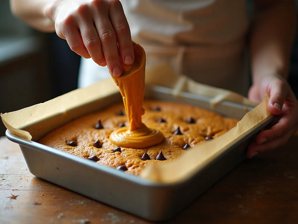 Pumpkin blondie batter spread in a parchment-lined pan