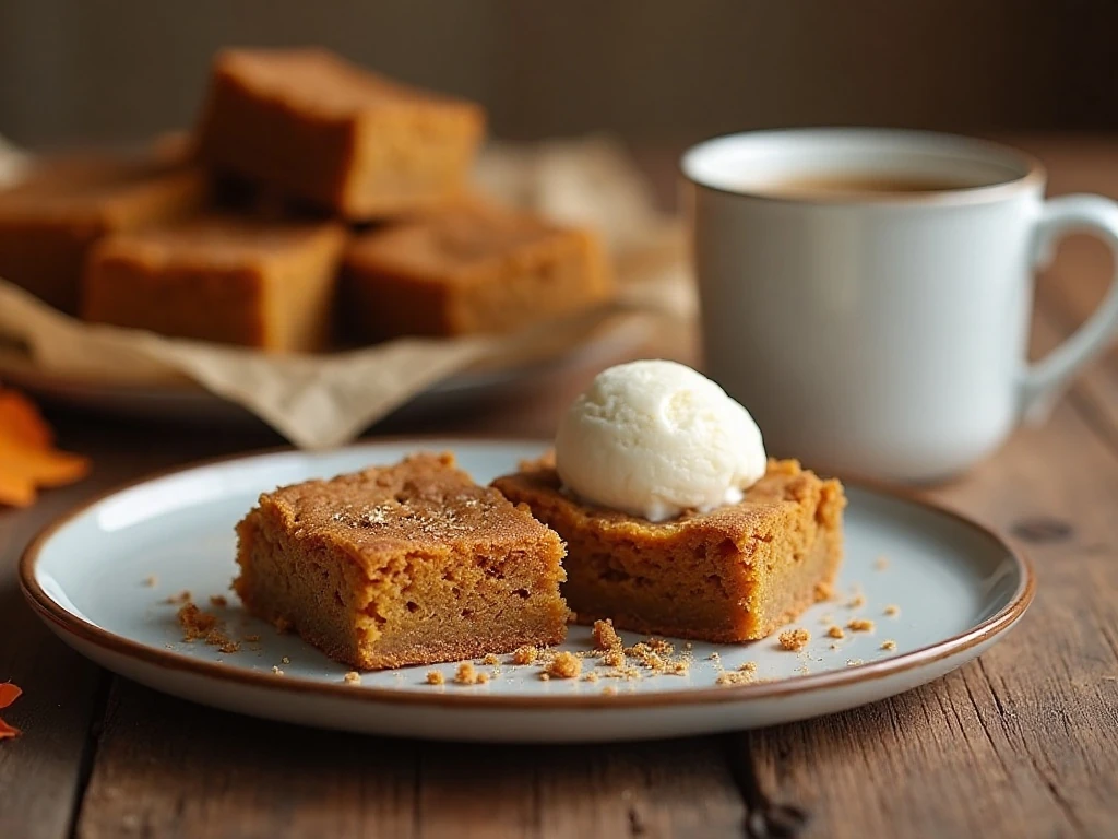 Pumpkin blondies served with ice cream and coffee