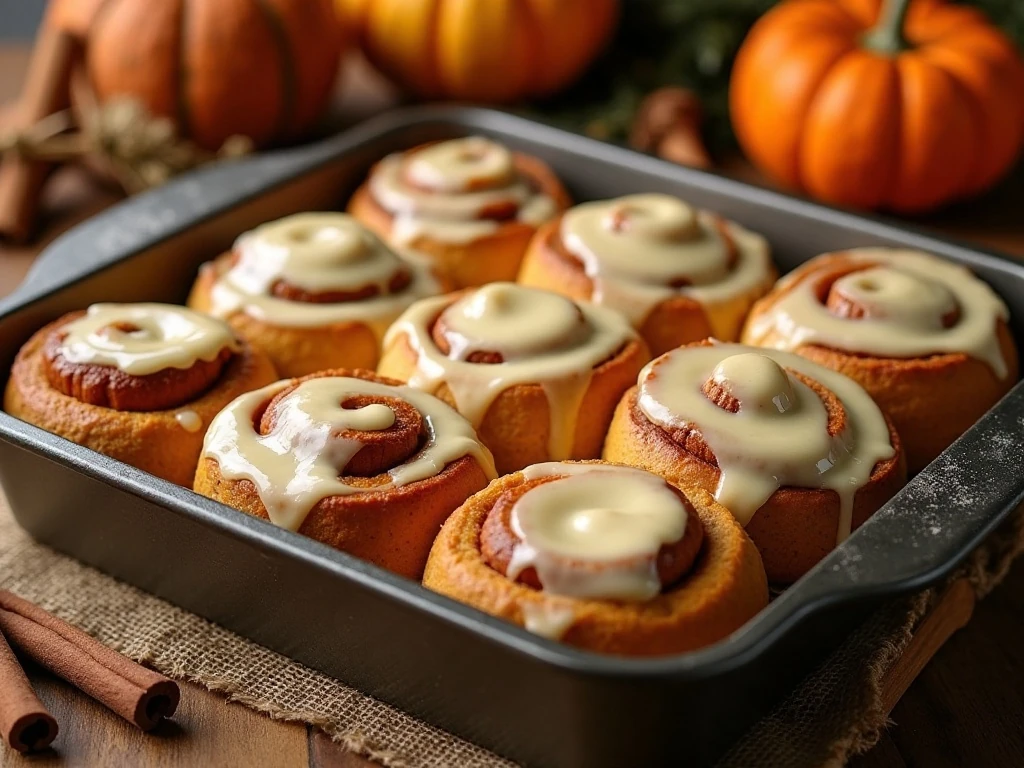 Pan of iced pumpkin cinnamon rolls ready to serve