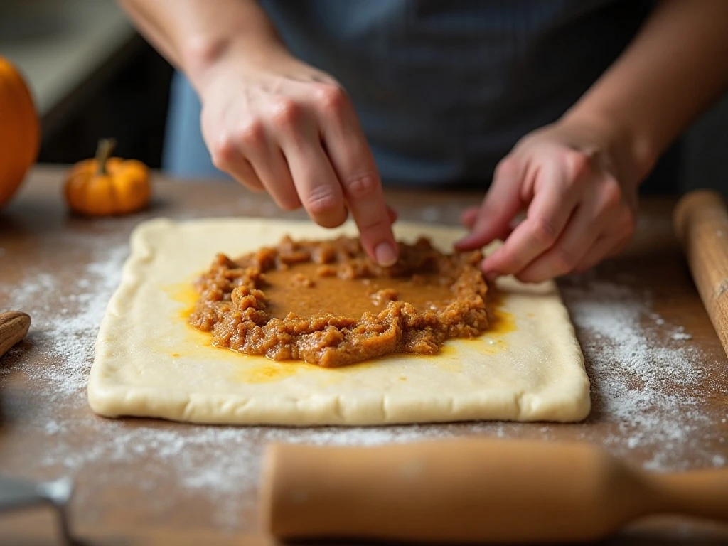 Pumpkin cinnamon roll dough spread with butter and spiced sugar