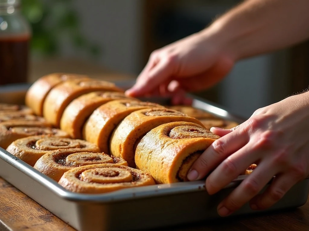 Cutting pumpkin cinnamon roll dough into even pieces