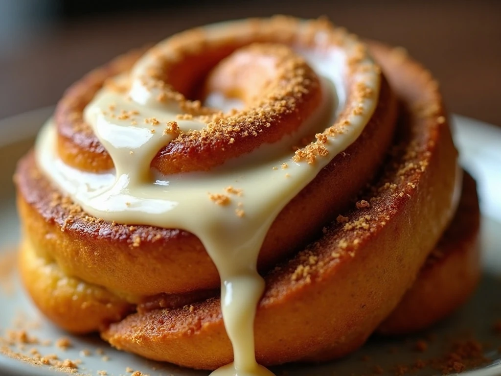 Cream-cheese icing on a warm pumpkin cinnamon roll
