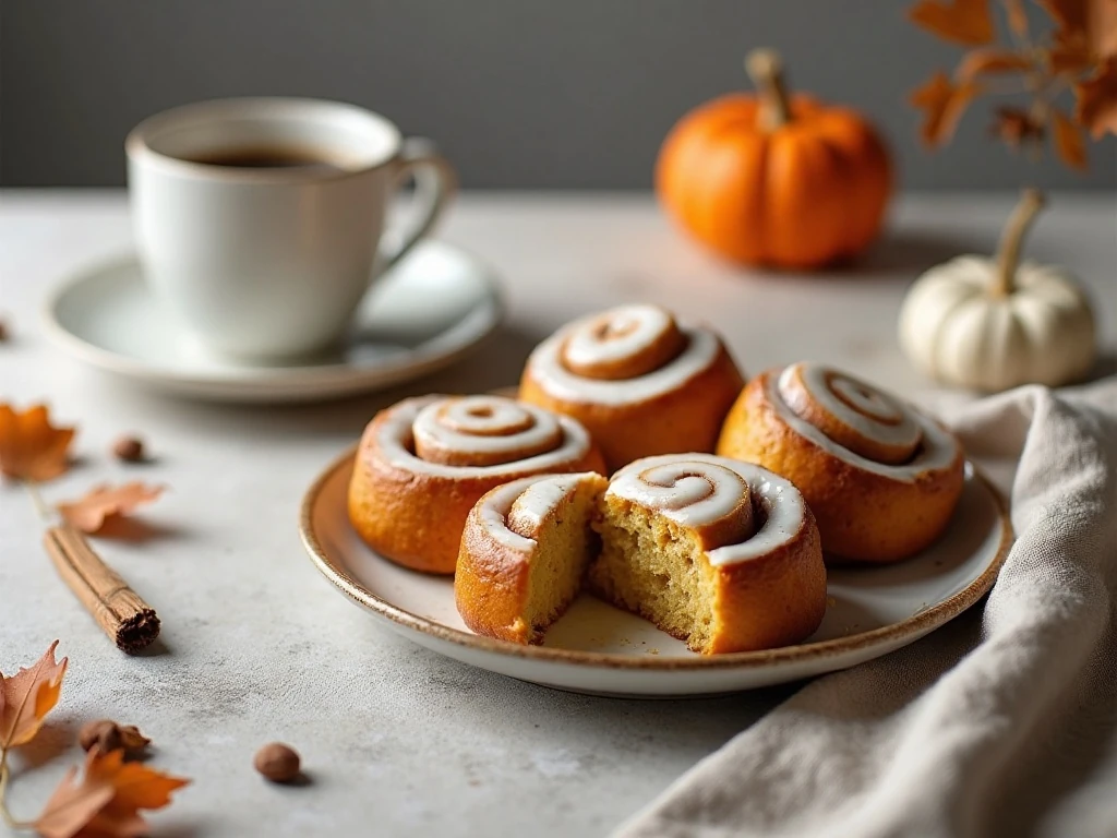 Soft pumpkin cinnamon rolls served for breakfast