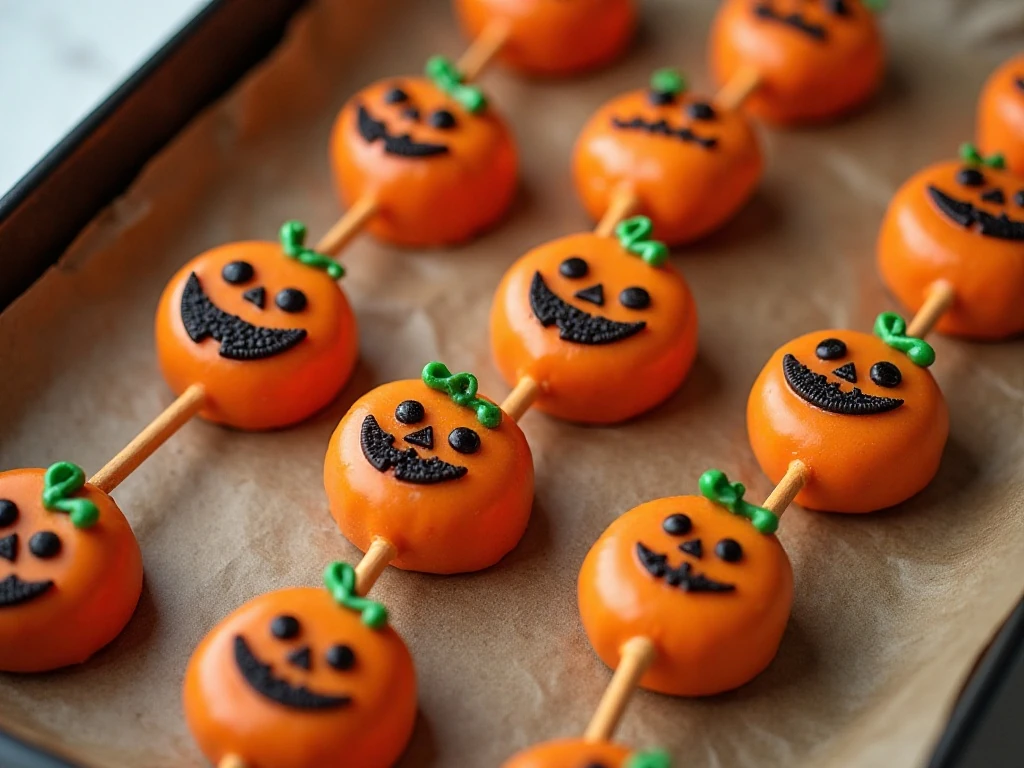 Finished pumpkin Oreo pops arranged on a Halloween treat tray