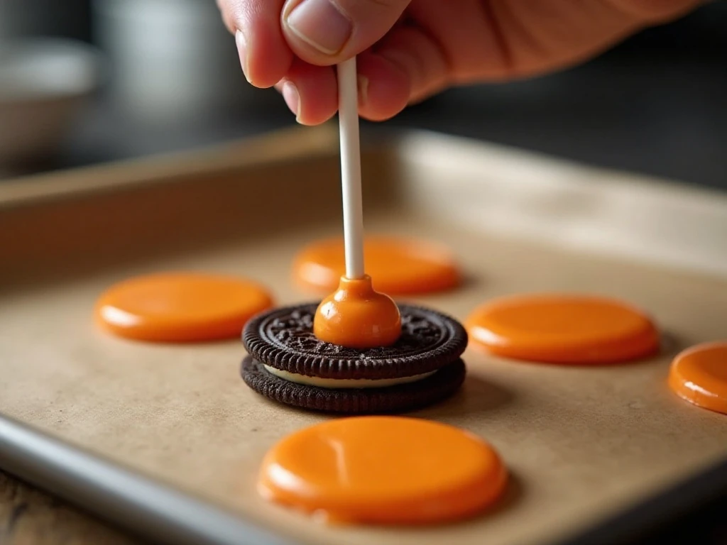 Anchoring a lollipop stick inside an Oreo cookie
