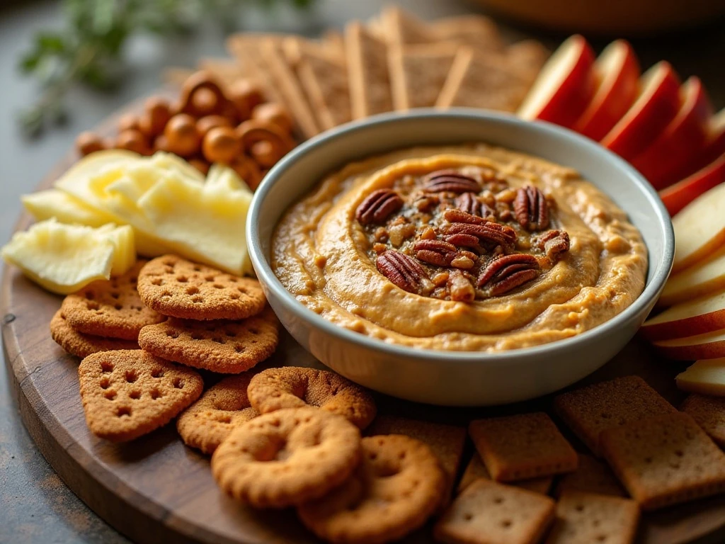 Pumpkin dip with apples crackers cookies and pretzels