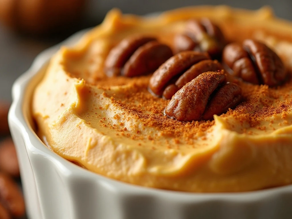 Close-up of creamy pumpkin pecan dip with toasted pecans