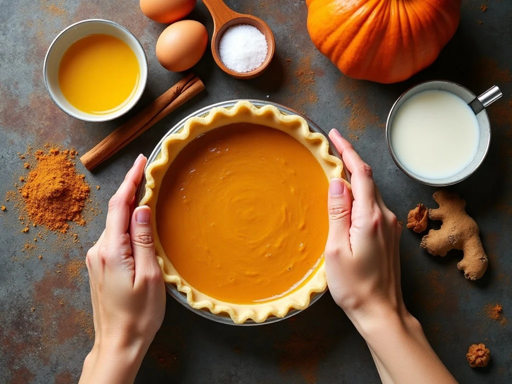 Ingredients for easy pumpkin pie arranged on a kitchen counter