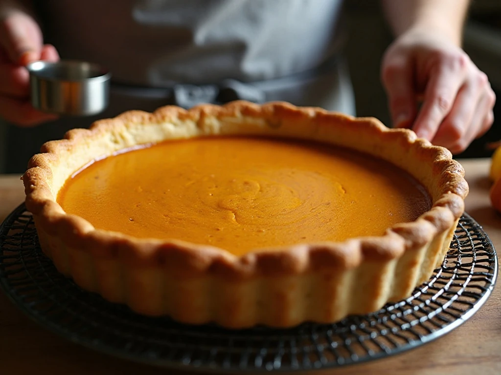 Freshly baked pumpkin pie cooling on a wire rack