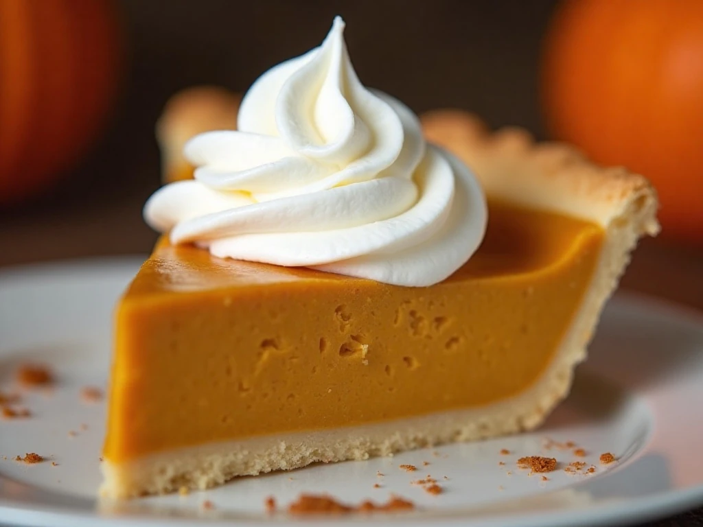 Close-up of pumpkin pie with whipped cream and flaky crust