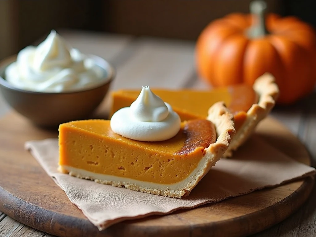 Chilled pumpkin pie slices ready to serve with whipped cream