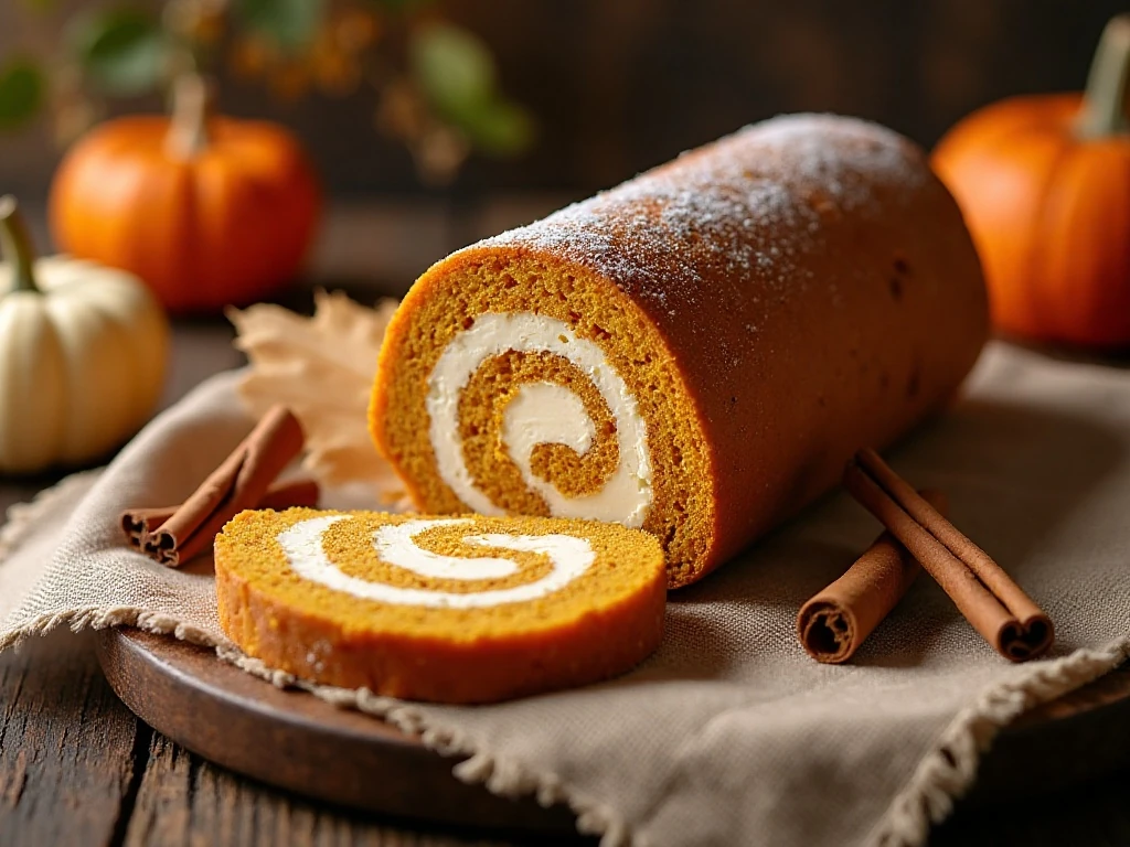 Sliced pumpkin roll with cream-cheese filling on an autumn dessert table