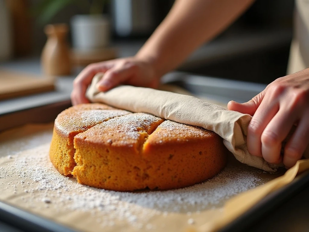 Fresh pumpkin cake being rolled in a sugared kitchen towel