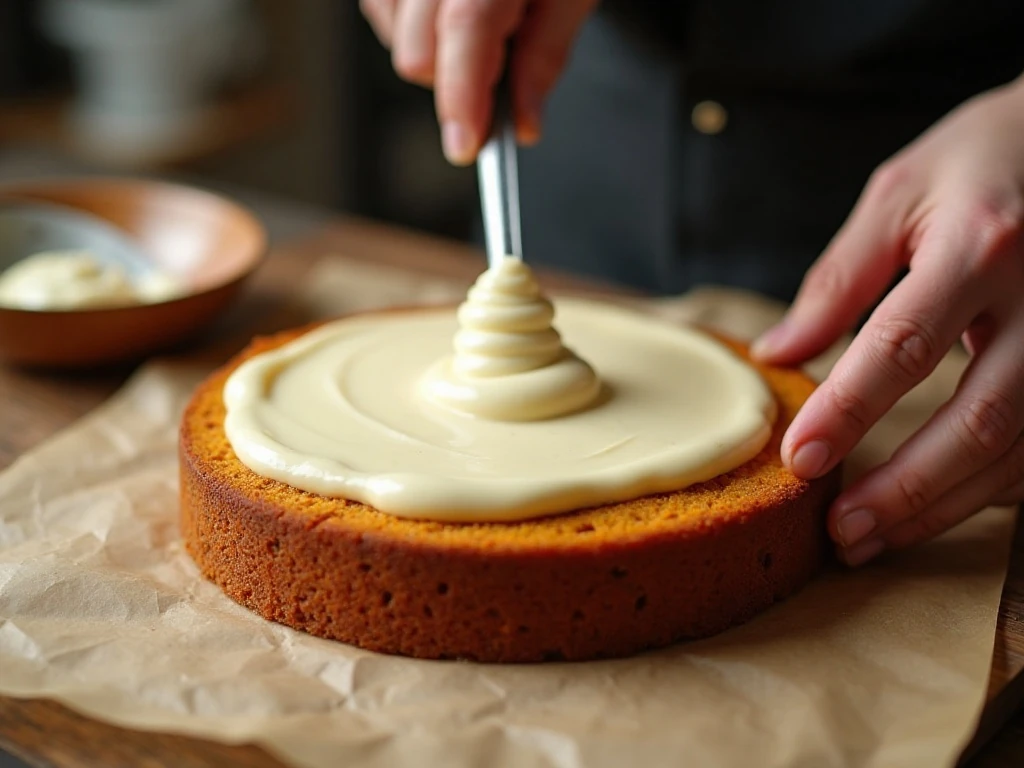 Cream-cheese filling spread over cooled pumpkin cake
