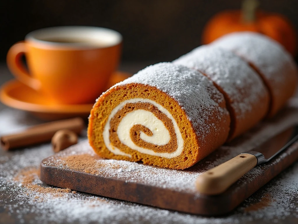 Pumpkin roll slices dusted with confectioners’ sugar and ready to serve