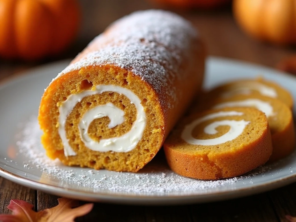Finished easy pumpkin roll arranged on a serving platter