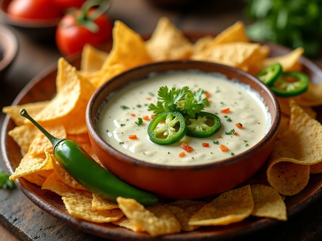 Creamy queso blanco dip served with tortilla chips and fresh toppings