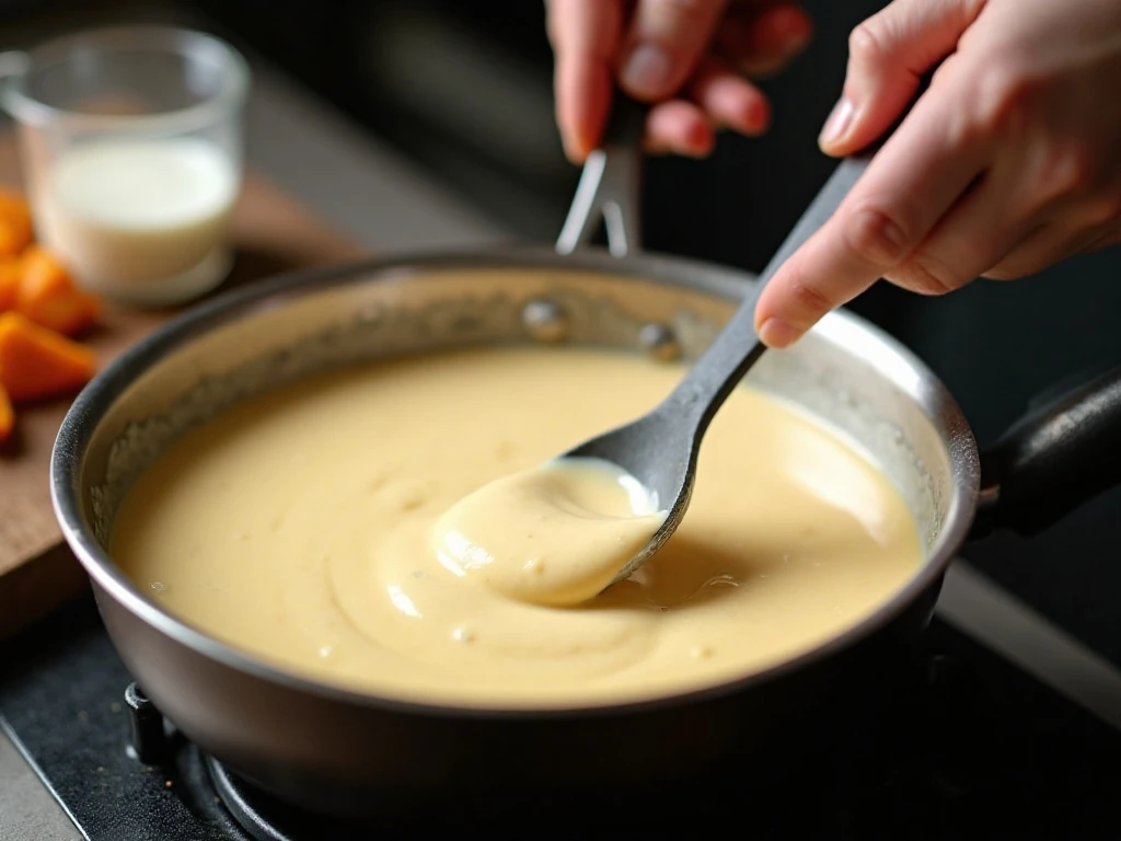 Smooth queso blanco being stirred over low heat