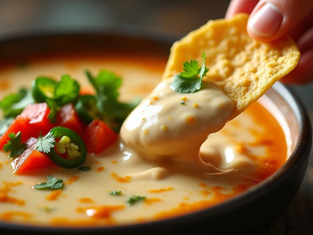 Tortilla chip dipping into garnished creamy queso blanco