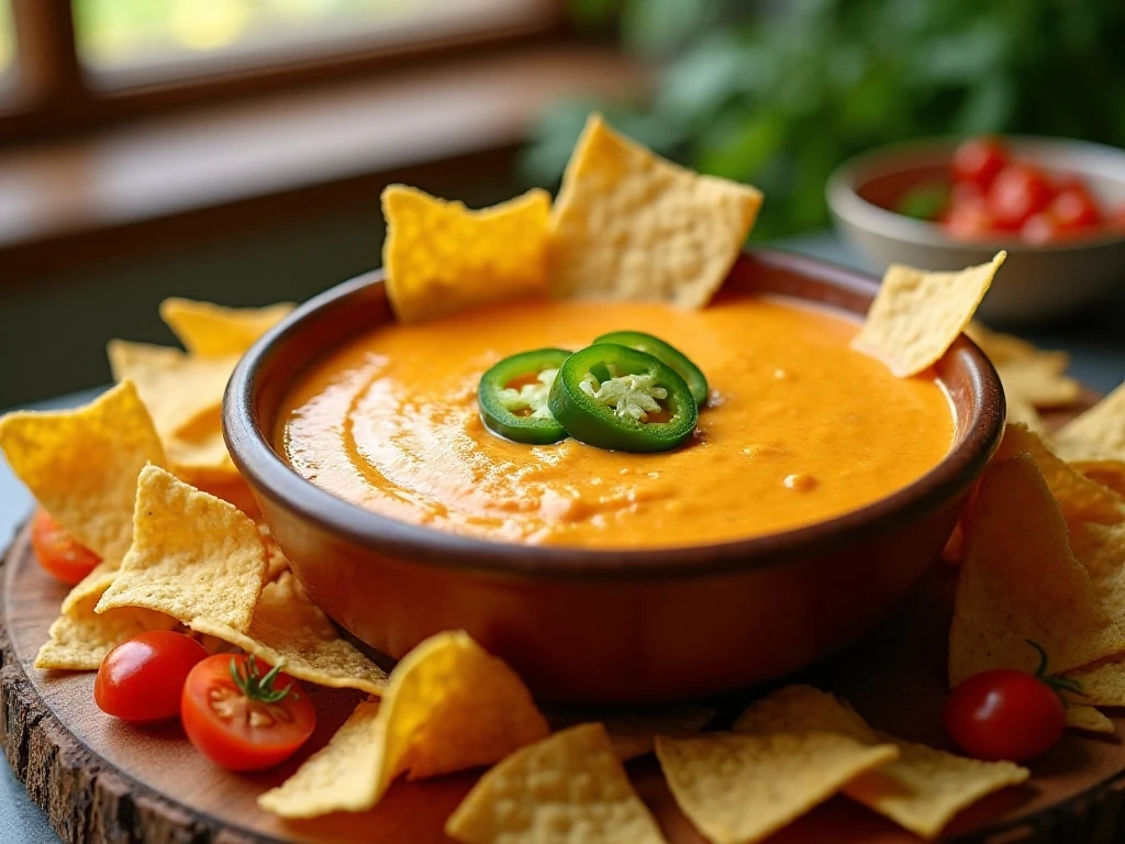 Creamy homemade queso dip served with tortilla chips