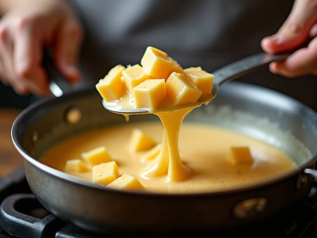 Cheese melting with milk in a saucepan for queso dip