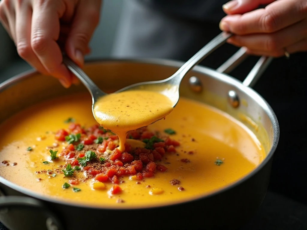 Stirring creamy queso with tomatoes and green chiles
