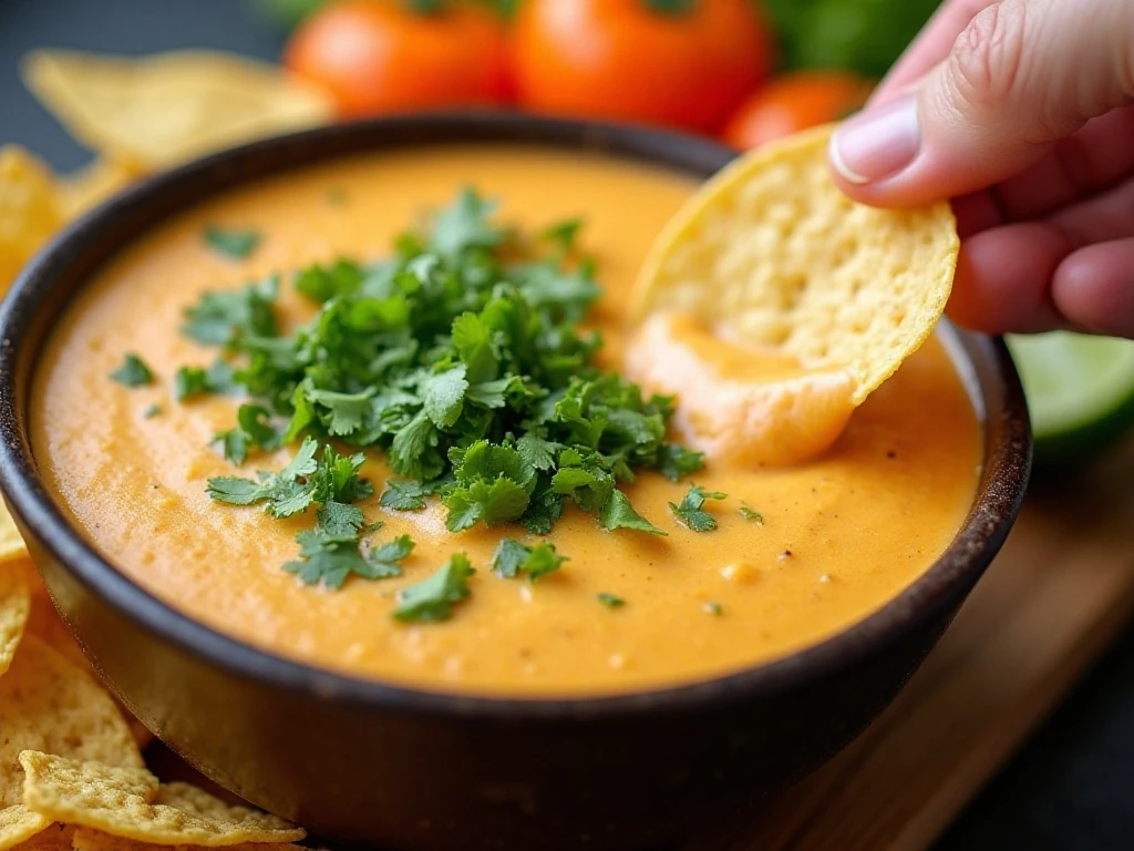 Queso dip garnished with cilantro and jalapeño