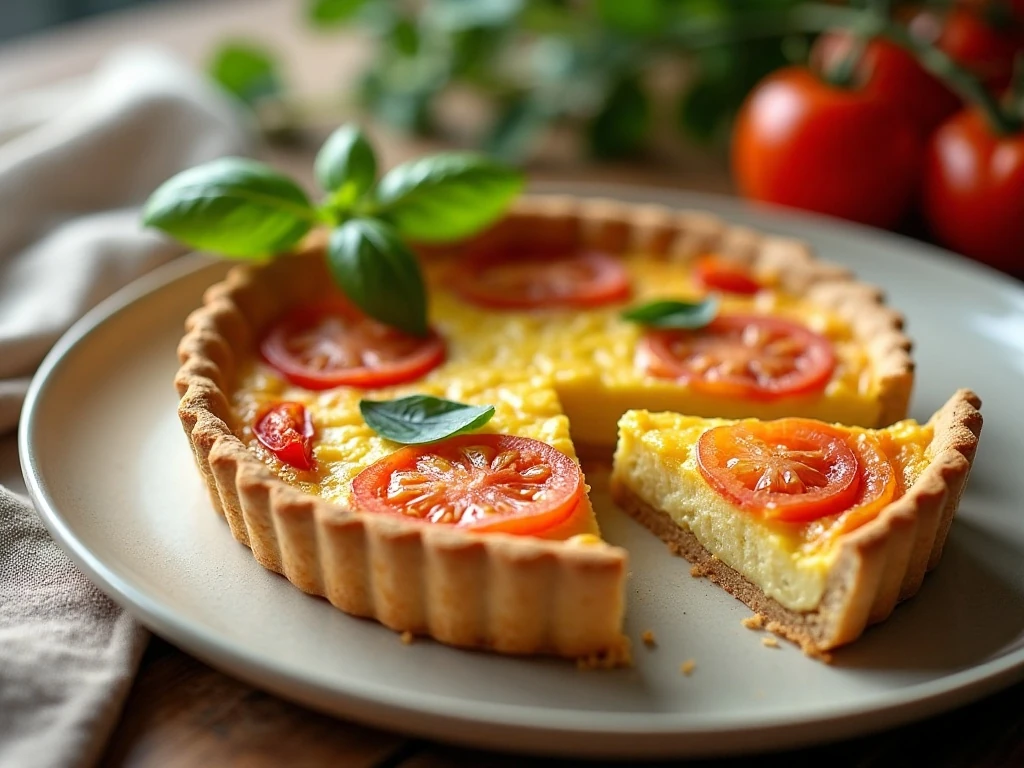 Golden tomato and cheese quiche served in neat slices