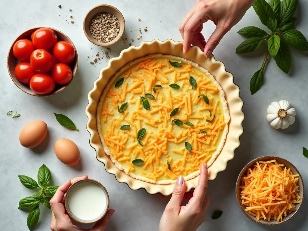 Ingredients for easy tomato and cheese quiche