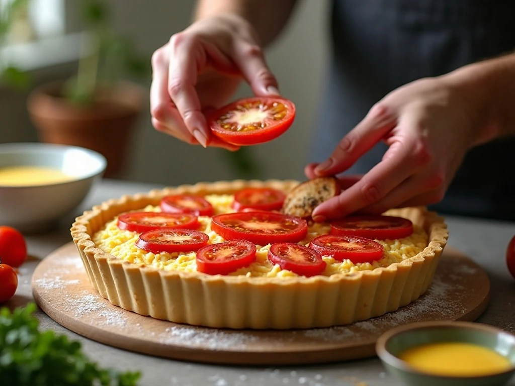 Preparing tomatoes and cheese in a quiche crust