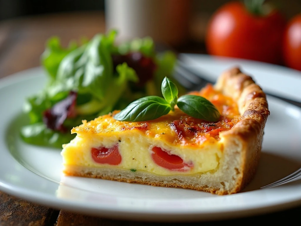 Close-up slice of tomato and cheese quiche garnished with basil