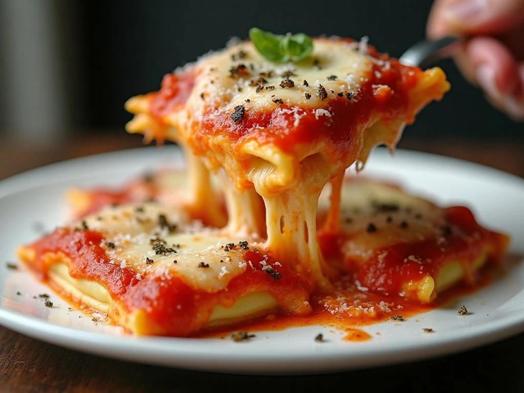 Serving of cheesy ravioli pizza casserole with pepperoni