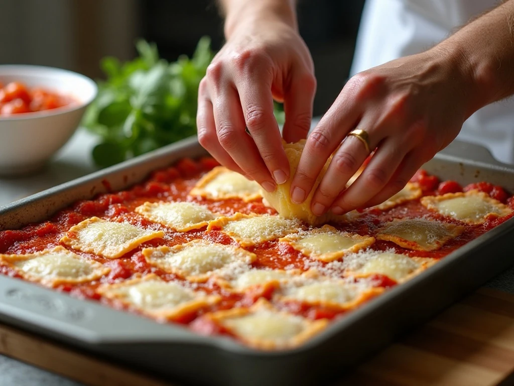 Assembling frozen ravioli with pizza sauce and pizza toppings