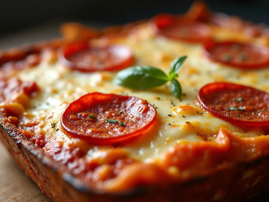 Close-up of melted cheese and pepperoni on ravioli pizza
