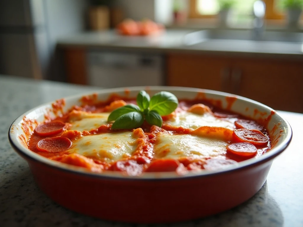Reheated leftover ravioli pizza casserole
