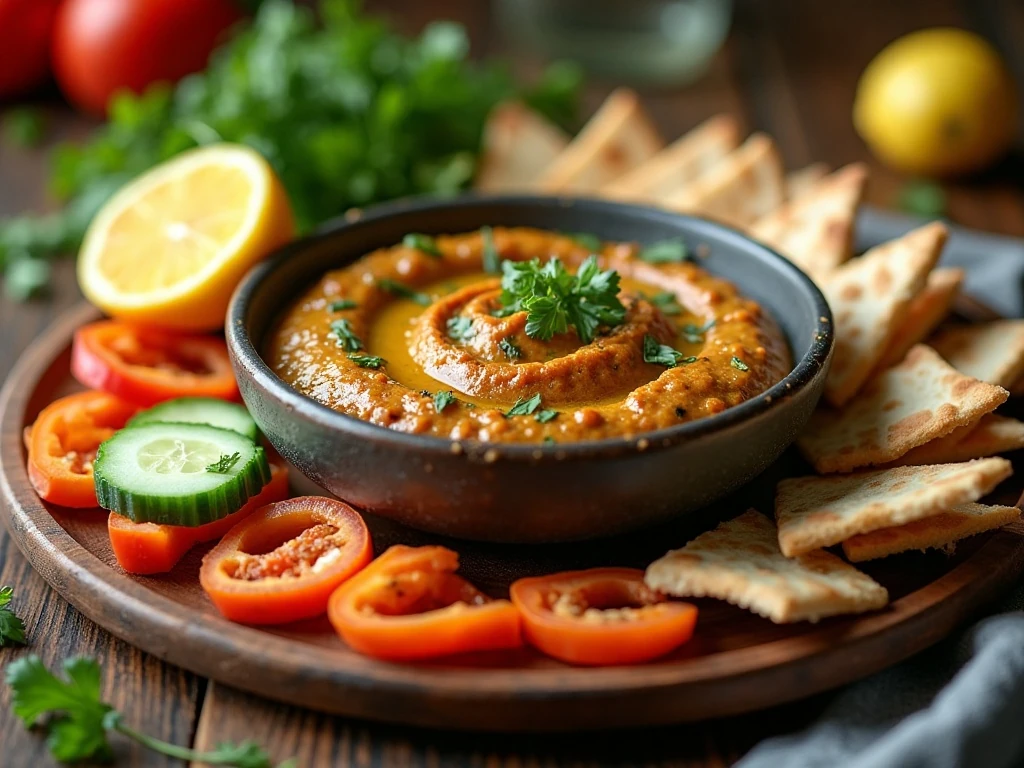 Roasted eggplant dip served with pita and fresh vegetables