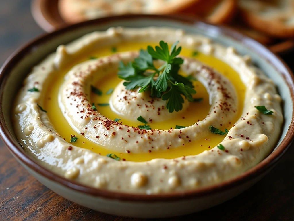 Rustic roasted eggplant dip garnished with parsley and sumac