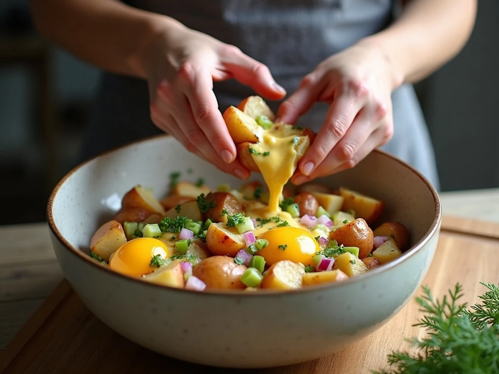 Gently folding dressing into red potato salad ingredients