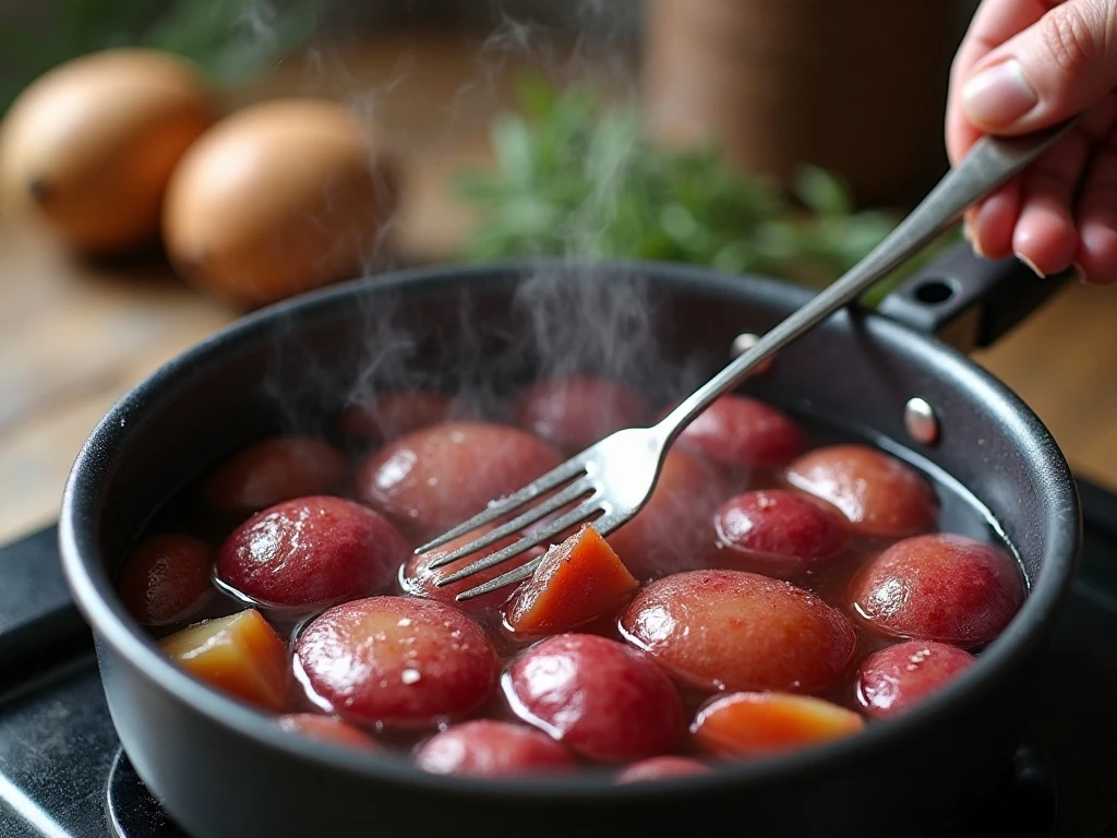 Red potatoes simmering until fork-tender