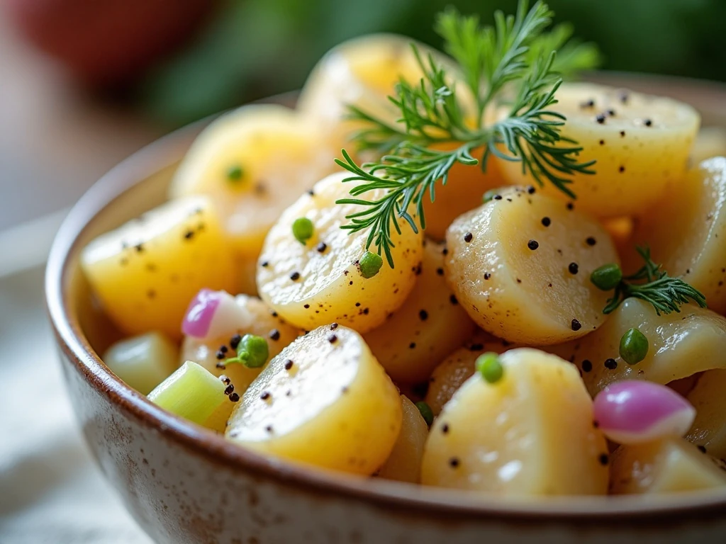Close-up of garnished creamy red potato salad
