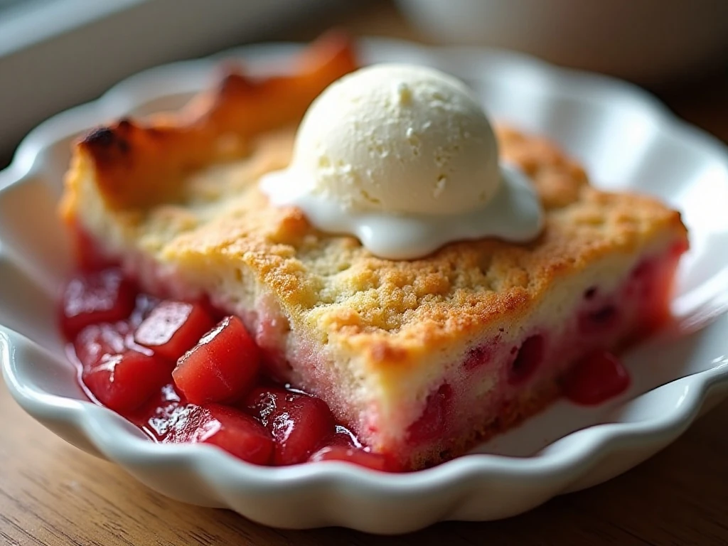 Warm rhubarb dump cake with vanilla ice cream