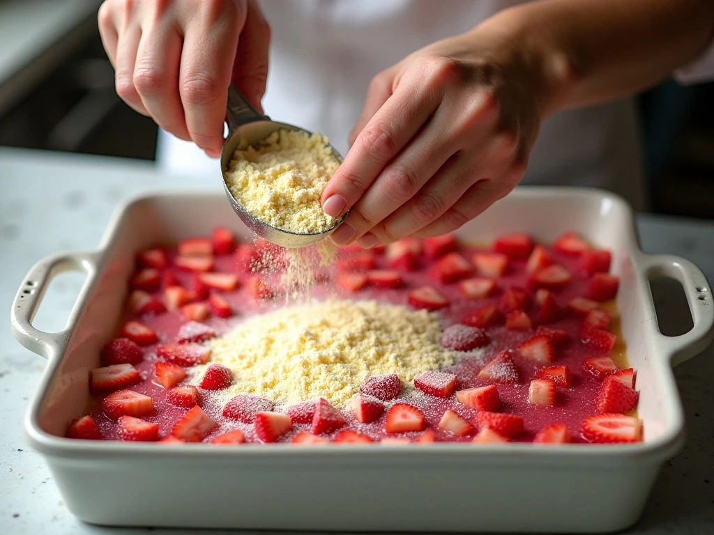 Layering cake mix over rhubarb for dump cake