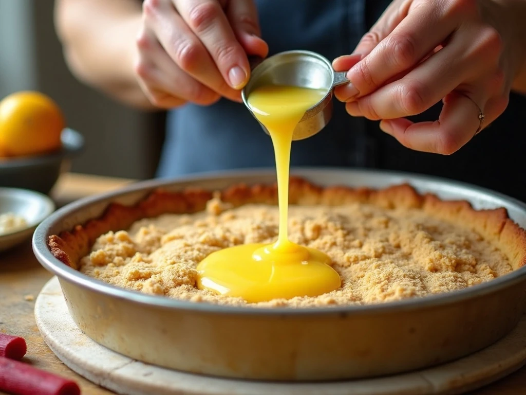 Drizzling melted butter evenly over rhubarb dump cake